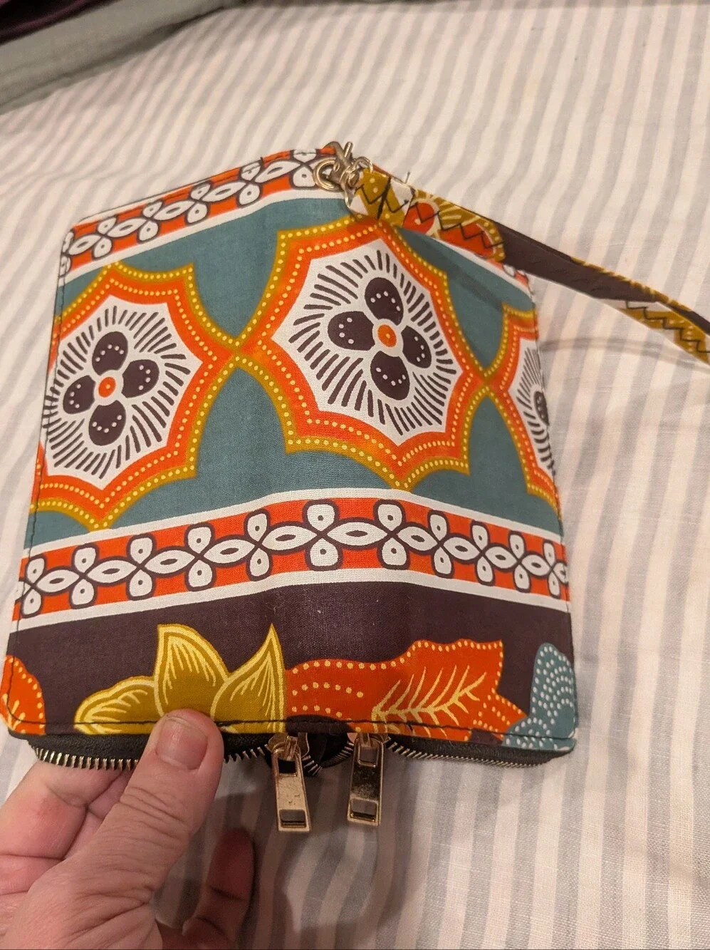 African Cloth Patterned Zip Wristlet Wallet in Teal, Orange, Black